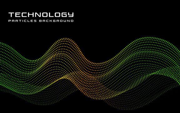 Abstract technology background with flowing green and orange particle wave