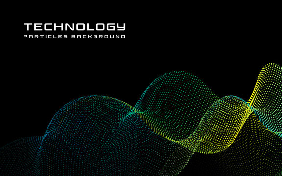 Abstract technology background with flowing particle wave in green and yellow gradient