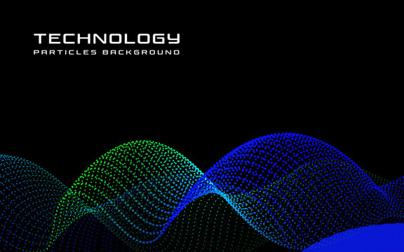 Abstract technology background with flowing particle wave in blue and green gradient