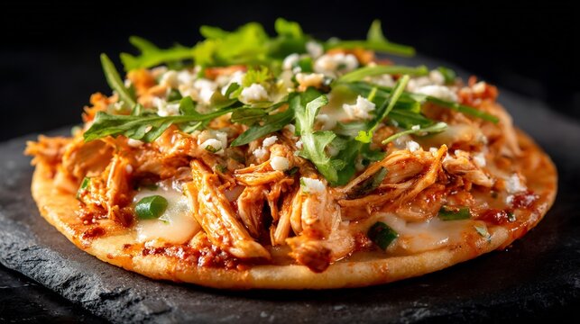 Savory chicken tinga tostada with melted cheese, fresh arugula, and crumbled white cheese on a corn tortilla