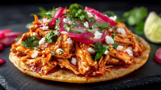 Traditional chicken tinga tostada topped with crumbled white cheese, pickled red onions, and fresh cilantro