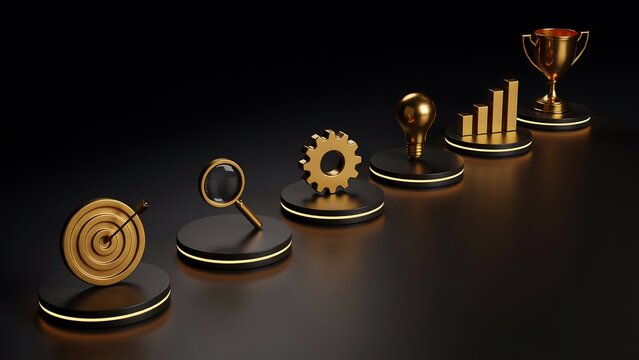 Golden icons representing business growth process arranged on circular podiums with dark background highlighting development stages for corporate strategy presentation.