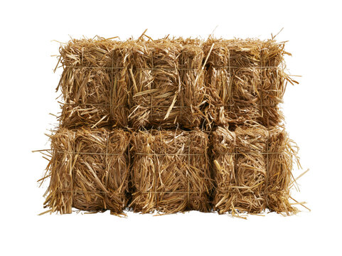 Stacked dry hay bales isolated on white background for farm and agriculture concepts.
