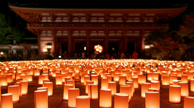 Illuminated Paper Lanterns Creating a Spiritual Atmosphere at the Annual Oeshiki Festival Night