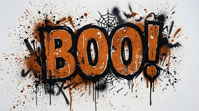 Graffiti style boo text with orange paint, black drips, and splatters, featuring spider webs and bat silhouettes isolated on white background
