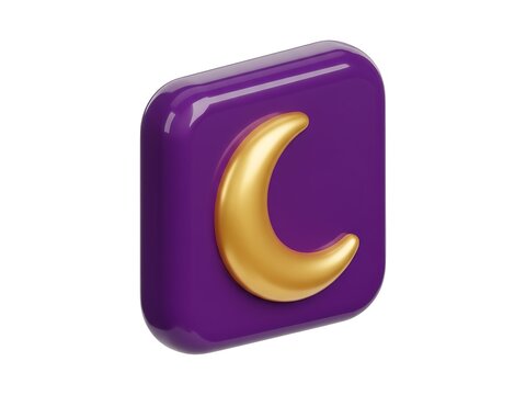 A glossy purple app icon featuring a golden crescent moon 3d render isolated