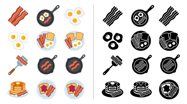 Collection of breakfast food icons including bacon, eggs, pancakes, and toast in both color and silhouette.