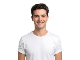 Fototapeta premium A handsome young man with brown hair smiling in a simple white t-shirt