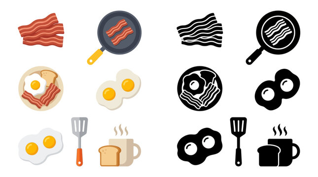 Collection of breakfast icons including bacon, fried eggs, toast, and coffee in both color and silhouette styles.