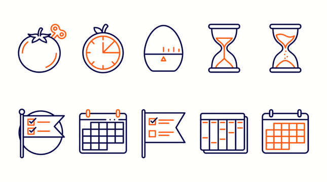 A set of ten lineart icons arranged in two rows depicting timemanagement tools including timers hourglasses flags and calendars