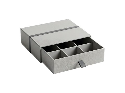 Minimalist grey cardboard storage box with six compartments and a pull tab