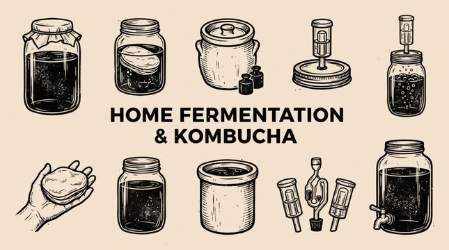 A collection of ten blackandwhite line art illustrations depicting home fermentation equipment and kombucha components