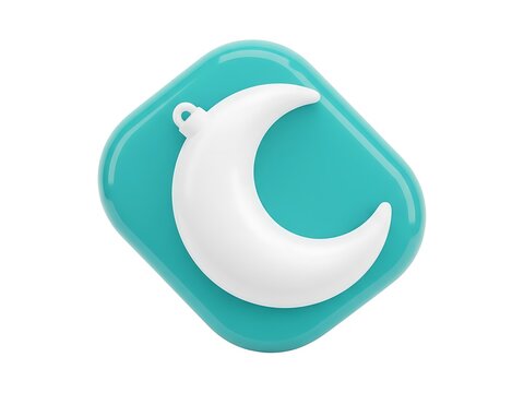A 3d render of a white crescent moon icon on a rounded teal background square