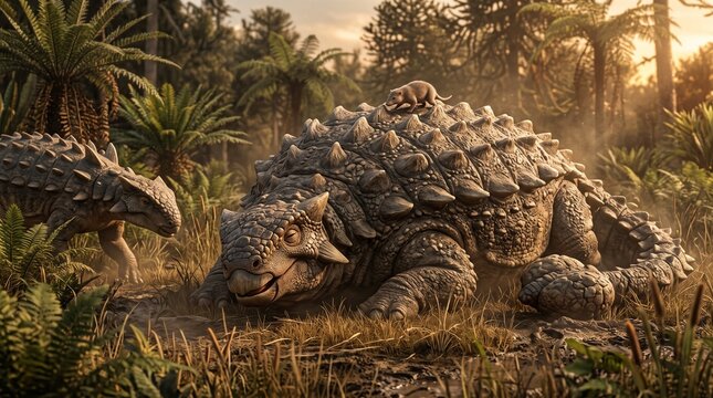 Prehistoric dinosaurs in lush forest at sunset with detailed textures
