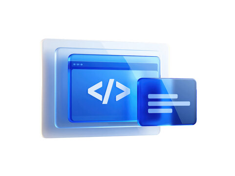 3D blue software development icon with coding symbols and interface elements