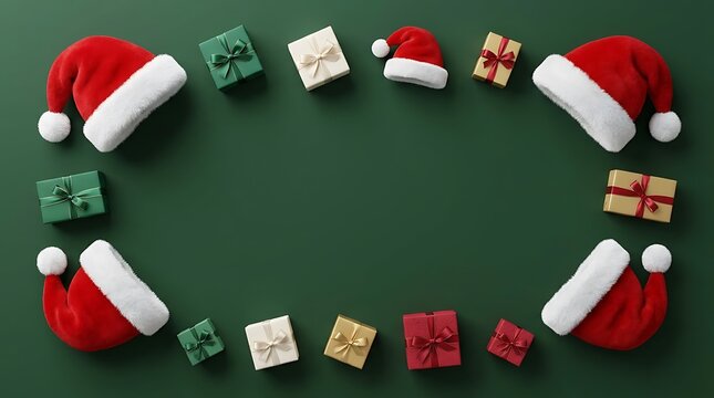 Festive holiday border featuring santa hats and small wrapped gift boxes arranged on a dark green background surface