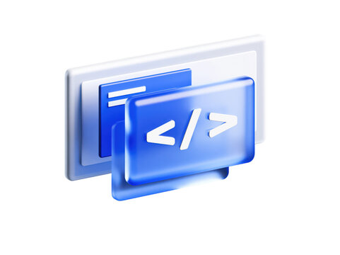 3D blue glass coding icon representing software development and programming language syntax