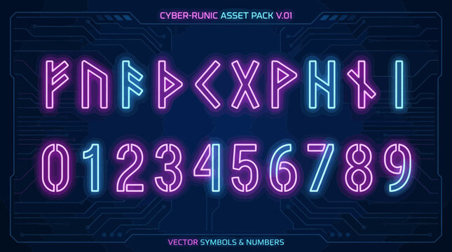 A digital asset sheet displaying neon runic symbols and numbers 09 against a dark circuit board background