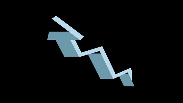 4K 3D Blue Downward Arrow Animation on Black Background, Falling Trend Motion Graphic for Business and Finance