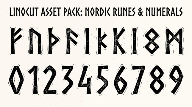 A digital display of Elder Futhark runes and Arabic numerals in a distressed black linocut print style on parchment