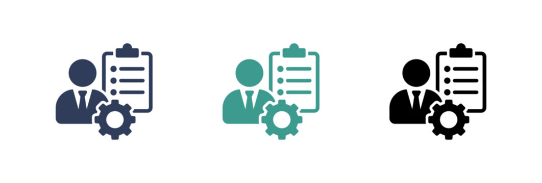 Business management icons showing professional person with clipboard and gear symbol for workflow optimization.