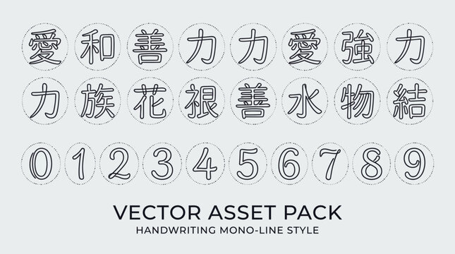 A grid of 32 outlined handdrawn kanji characters and digits each enclosed in a dotted circle on a light background