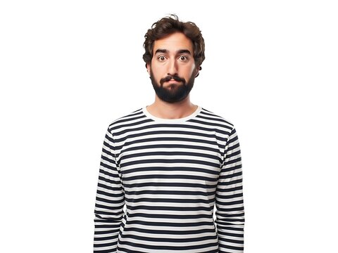 A bearded man wearing a black and white striped long sleeve shirt isolated