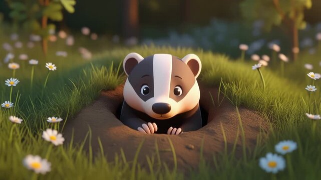 Baby badger peeking out from burrow in meadow