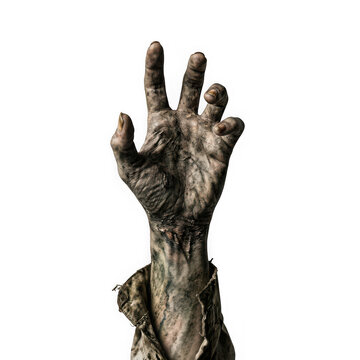 Creepy zombie hand reaching out isolated on transparent background