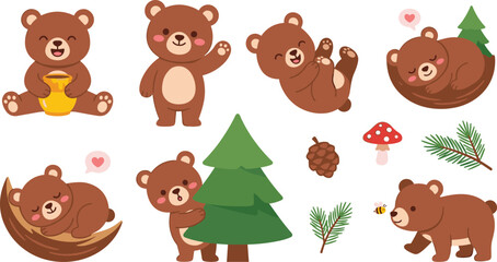 Obraz premium Cute Bear Illustration Set with Playful Brown Bear Characters, Pine Trees, Pinecones, Mushrooms, and Forest Nature Elements for Children Designs