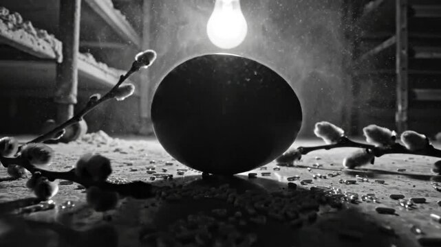 Black and white still life with a sphere, lightbulb, and pussy willows against a background of wooden shelves and a mysterious atmosphere.