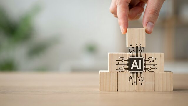 Hand building AI stack with wooden blocks featuring digital circuit board and artificial intelligence icon representing future machine learning technology solutions.