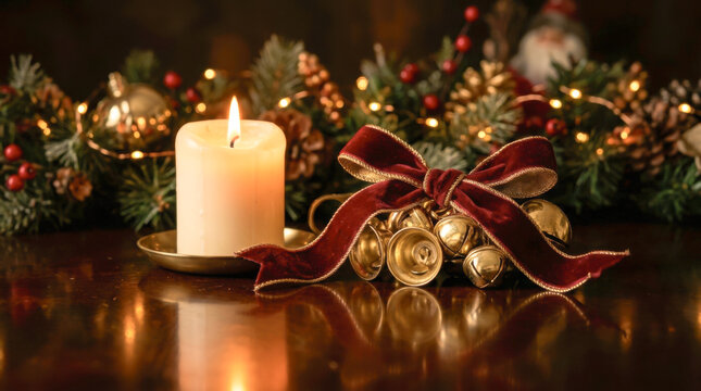 Glowing candle with golden bells and red velvet ribbon representing warm Christmas tradition, peaceful holiday night, and cozy winter decoration.