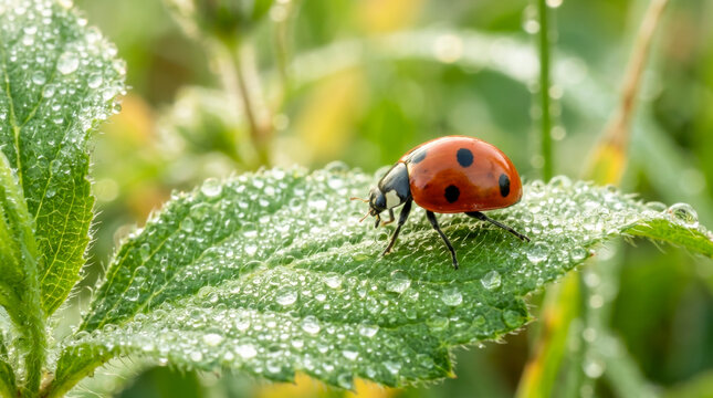 Red ladybug sitting on a green leaf covered with morning dew drops representing fresh spring nature, pure botanical wildlife, and beautiful macro ecology.