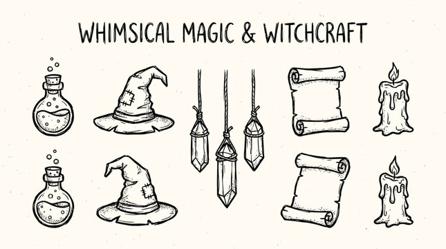 Handdrawn set of magicthemed illustrations featuring potion bottles witch hats crystals scrolls and candles