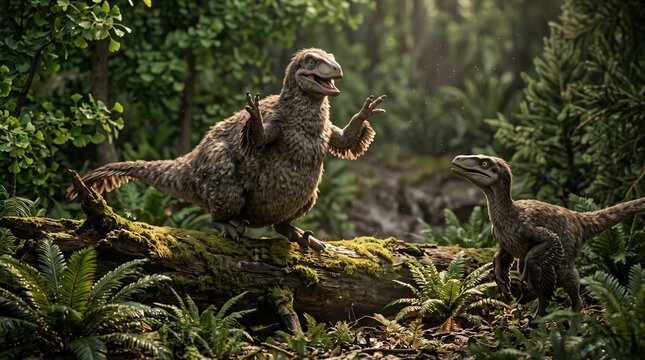 Two dinosaurs interacting in lush prehistoric forest setting