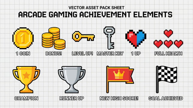 A grid of 10 pixelart arcade game achievement icons featuring coins keys hearts trophies and flags on a graph paper background