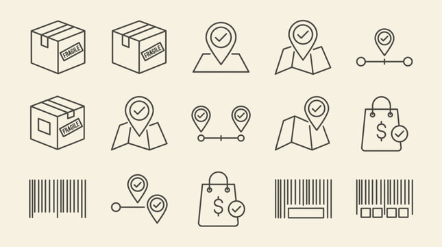 A set of fifteen blackline icons depicting shipping boxes map location pins tracking paths shopping bags and barcodes