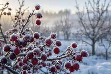 Fototapeta premium Fresh red berries and small winter fruits growing on tree branch covered in hoarfrost during a cold foggy morning in nature