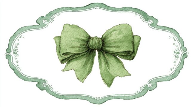 Hand-painted pastel sage watercolor ribbon frame with whimsical wavy oval outline and elegant top bow delicate airy design perfect for baby girl birthday invitation 5x7 vertical border