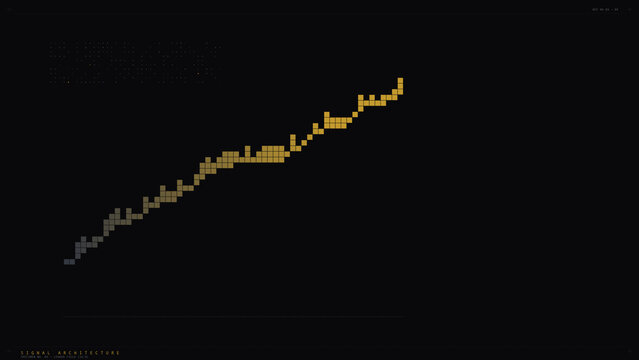 Abstract gold heatmap growth chart ascending on dark background, widescreen 16:9 data visualization presentation slide template