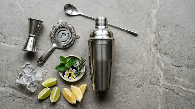 Metal cocktail shaker with lime wedges and bar tools on a grey stone table. cocktail shaker mockup