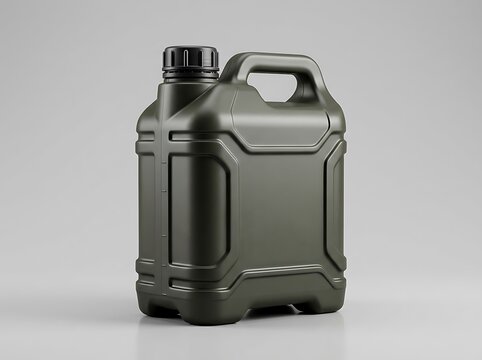 Black plastic jerrycan container for oil or fuel storage. heavy-duty jug designs