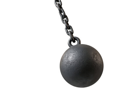 Heavy iron wrecking ball hanging on a metal chain isolated on a white background