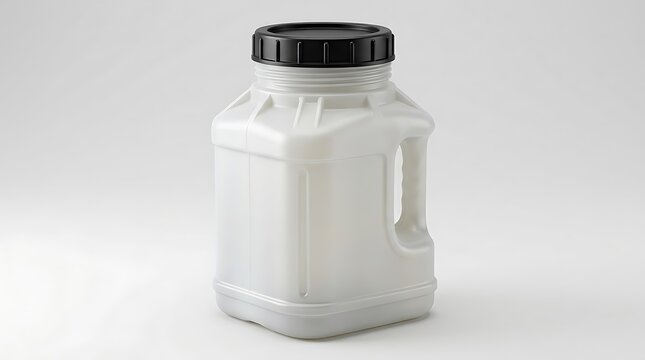 Square white plastic jug with a black screw lid and handle for food or chemical storage. heavy-duty jug designs