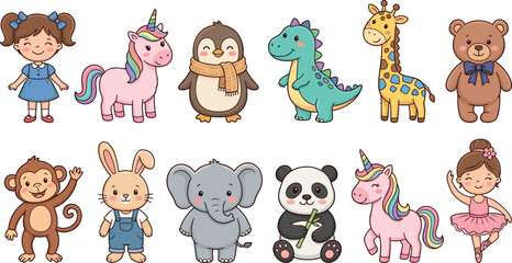 Fototapeta premium Cute Kawaii Cartoon Characters Set Featuring Little Girls Rainbow Unicorns Teddy Bear Elephant Giraffe Dinosaur Penguin Panda Monkey and Rabbit for Children Books Graphic Designs