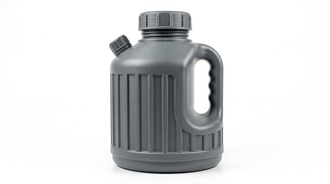 Grey plastic jug container with handle and screw cap for chemicals or industrial liquids. heavy-duty jug designs