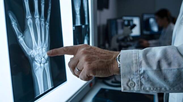 Close-up of a doctor's hand pointing at a wrist and hand X-ray image on a illuminated screen in a hospital examination room, showing bone structure and joints for orthopedic diagnosis and patient cons