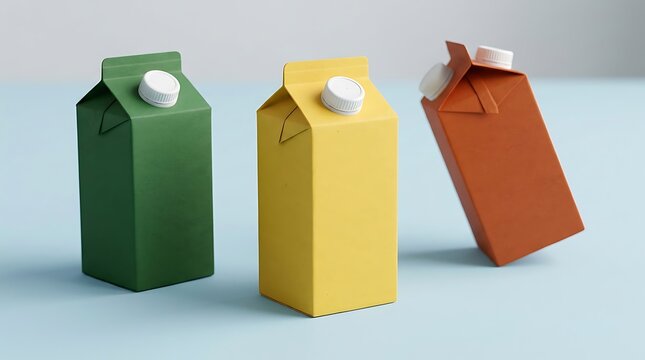 Three colorful paper cartons of milk or juice on a light blue surface. juice box mockup