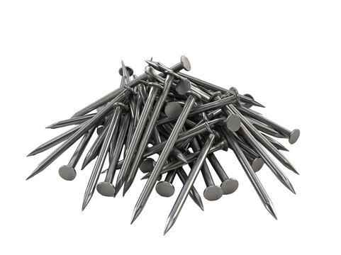 Pile of sharp steel nails for construction and carpentry work isolated on white background